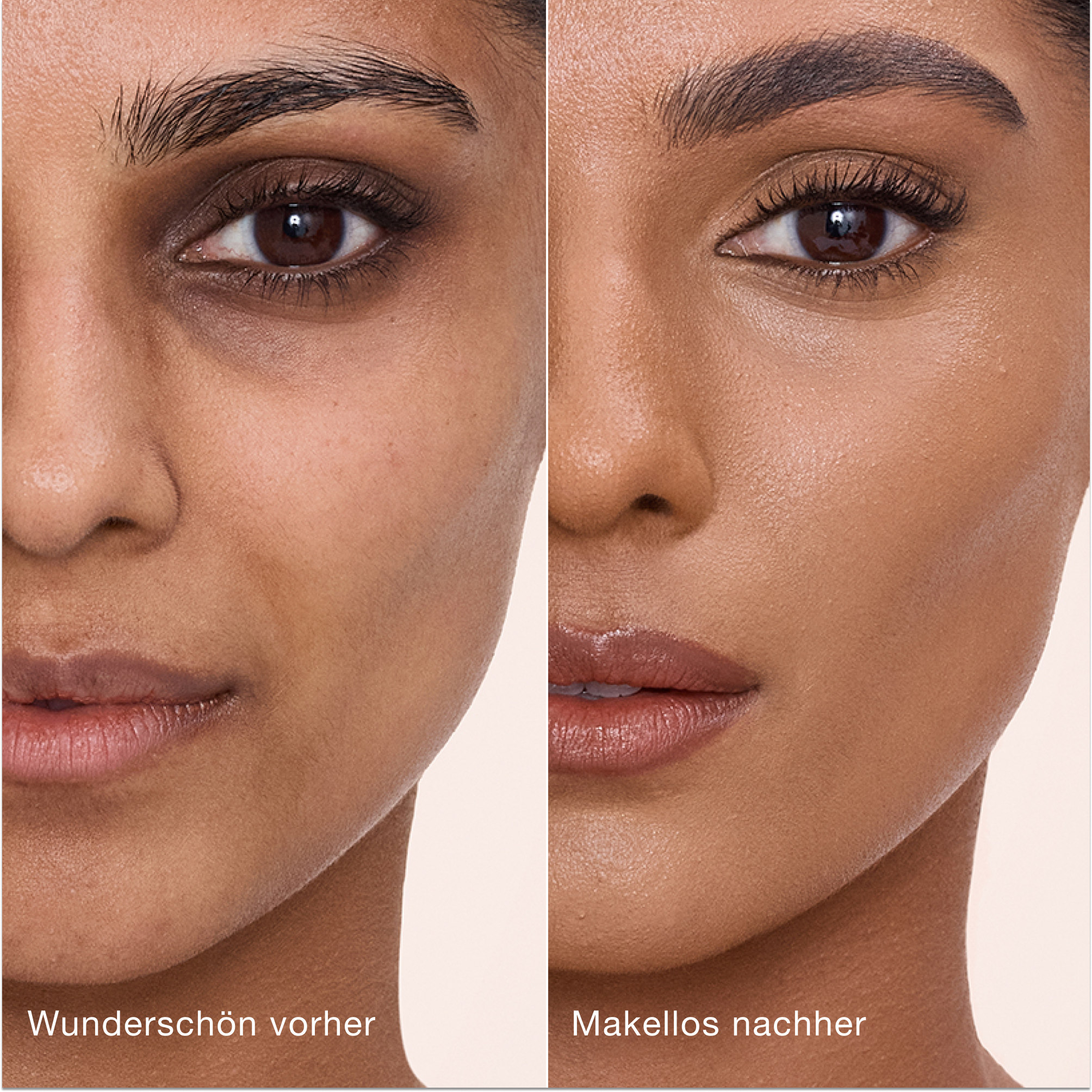 Ein direkter Vergleich zeigt die Haut vor und nach dem Auftragen des Charlotte Tilbury Airbrush Flawless Concealers mit den Beschriftungen „Wunderschön vorher“ und „Makellos nachher“.
