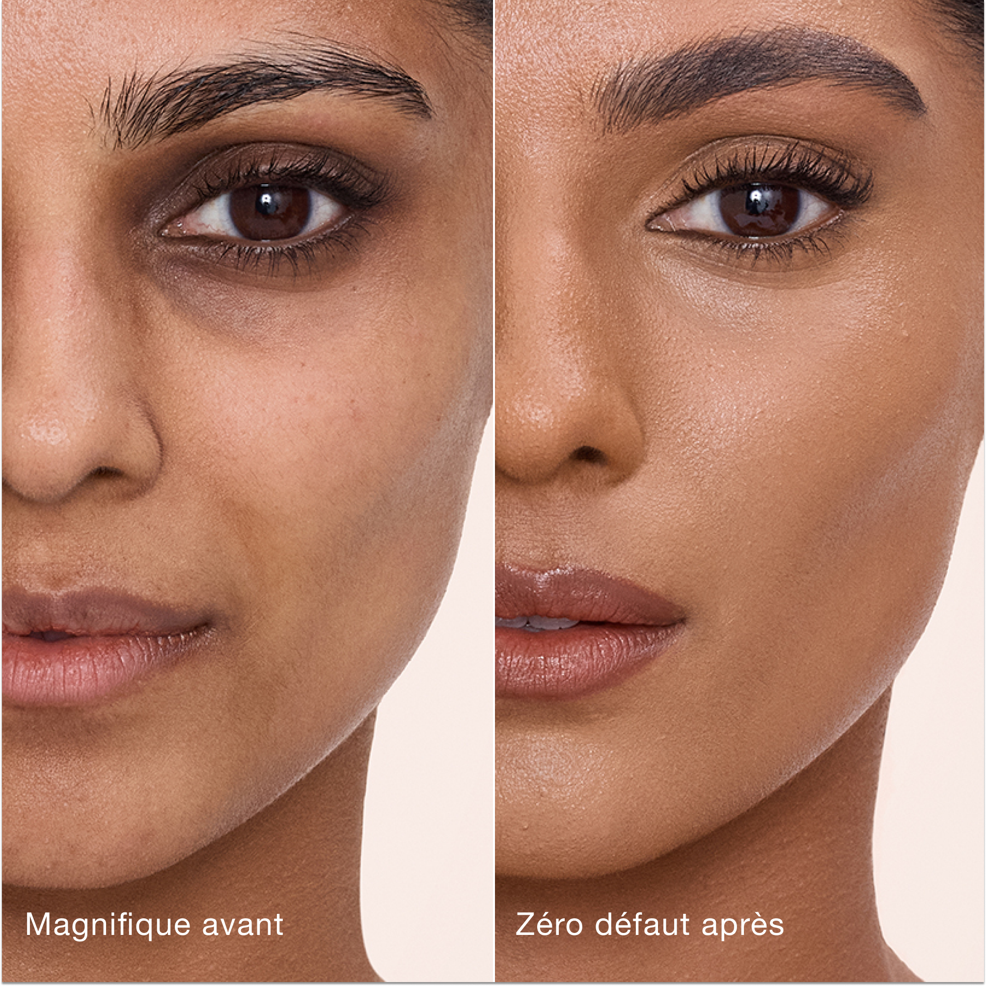 Comparaison côte à côte de la peau avant et après l'application de l'Airbrush Flawless Concealer de Charlotte Tilbury, avec les étiquettes de texte « Magnifique avant » et « Zéro défaut après ».
