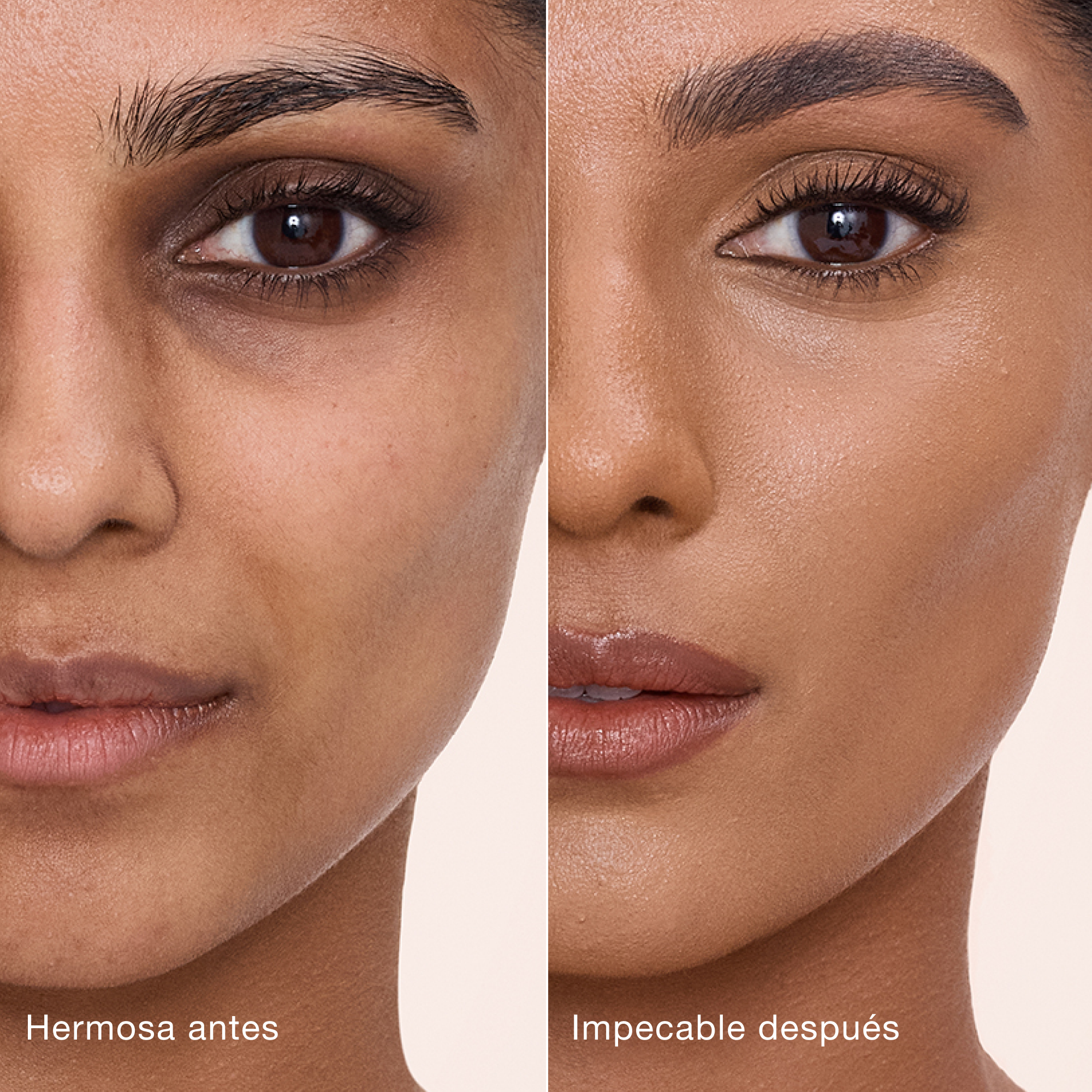 Comparación paralela que muestra la piel antes y después de aplicar el corrector Charlotte Tilbury Airbrush Flawless Concealer con las etiquetas de texto "Preciosa antes", "Impecable después".
