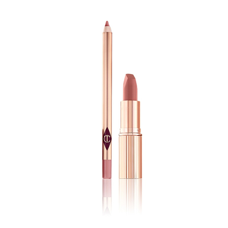 Matte Revolution Lipstick and Lip Cheat in Charlotte&#x27;s signature nude-pink shade, Pillow Talk