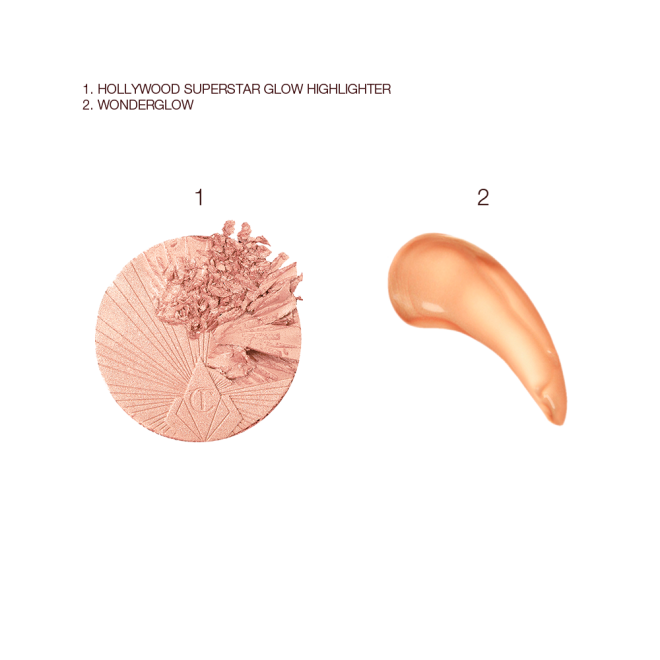 Swatches of a highlighter compact in a light rose gold shade with a glowy light gold-coloured primer. 