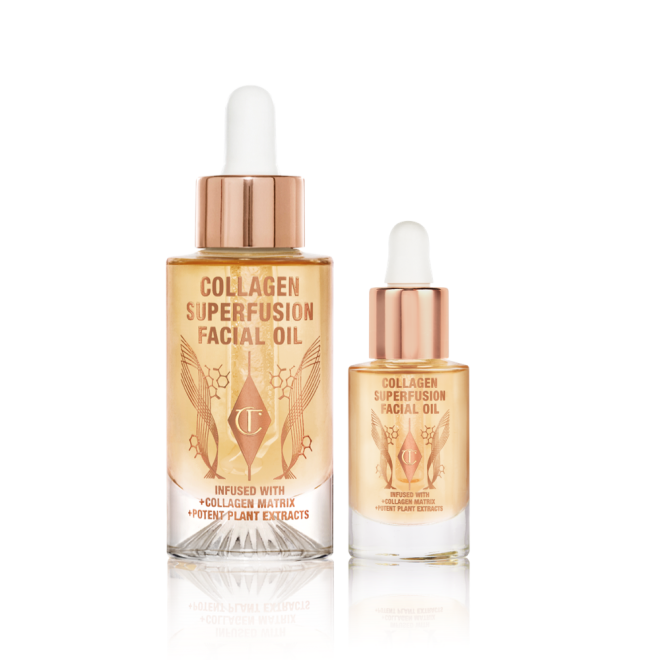 Full-size and travel-size light-gold-coloured facial oils in glass bottles with gold and white-coloured dropper lids.