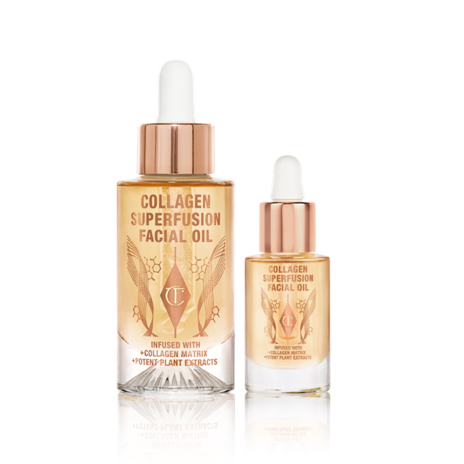 Collagen Superfusion Facial Oil Bundle closed Full-size and travel-size light-gold-coloured facial oils in glass bottles with gold and white-coloured dropper lids.
