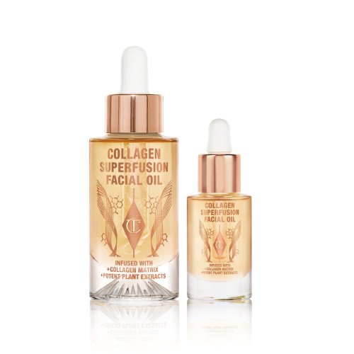 Full-size and travel-size light-gold-coloured facial oils in glass bottles with gold and white-coloured dropper lids.