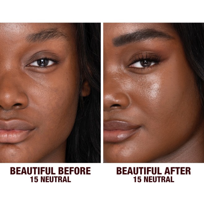 Before and after shots of a deep-tone model without any makeup and then wearing glowy, flawless skin, wearing skin-like foundation that adds a youthful glow and looks natural along with nude pink lipstick and subtle everyday eye makeup.