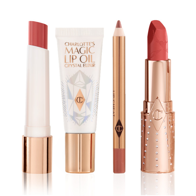 Glowy, ivory-coloured lip oil in a white-coloured tube, nude pink lip liner, tea pink matte lipstick, coral lipstick balm, and brown-peach lipstick balm.