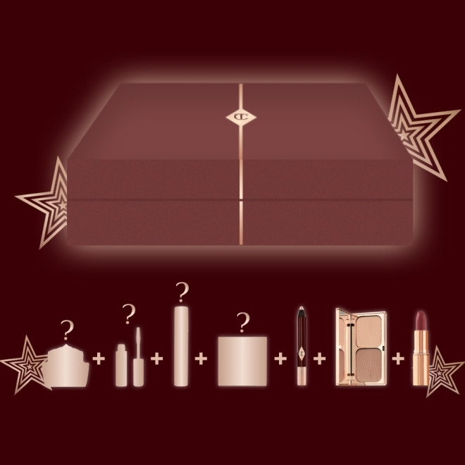 Banner with a brown-red-coloured gift box with illustrations of seven skincare and makeup mystery items that are included in it.