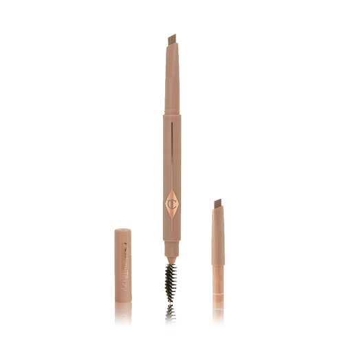 A double-ended eyebrow pencil and spoolie brush duo in a light blonde shade with light-blonde-coloured packaging and the refill besides it.