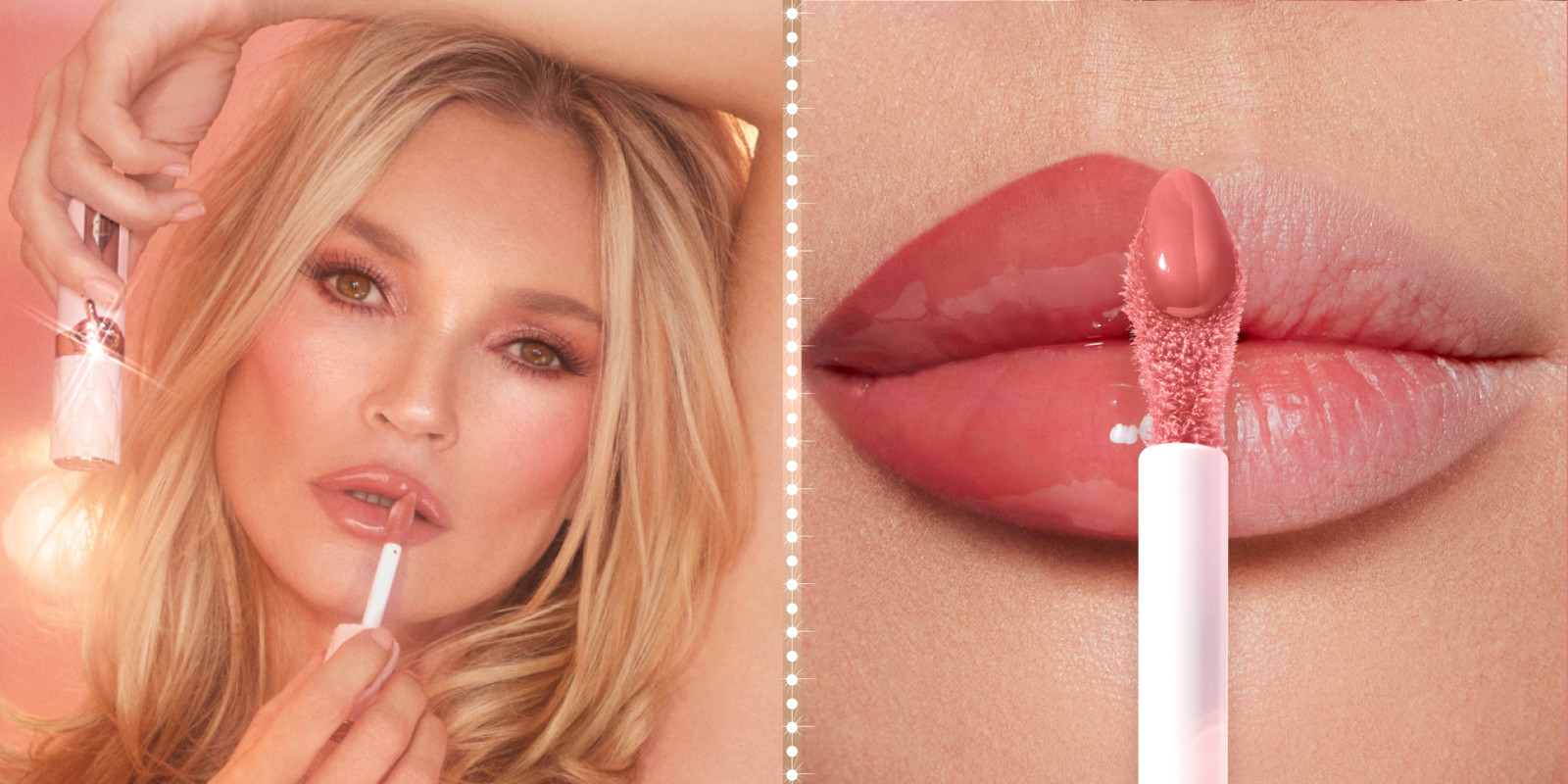 Split image with Kate Moss applying Pillow Talk Big Lip Plumpgasm plumping lip gloss to her lips, and a close up of lips with half wearing plumping lip gloss and appearing fuller than the other half with no product on.
