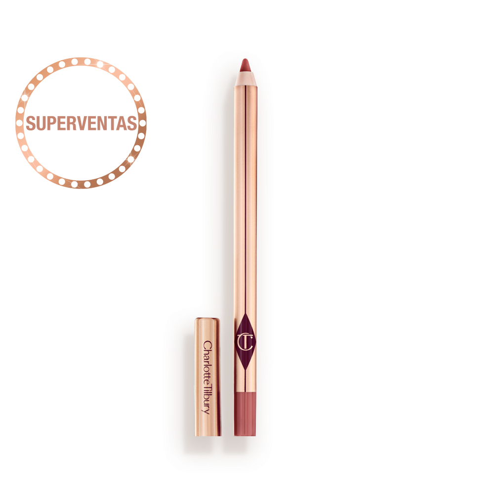 Lápiz de labios tamaño normal en tono rosa nude sin tapa y envase de color dorado brillante. 