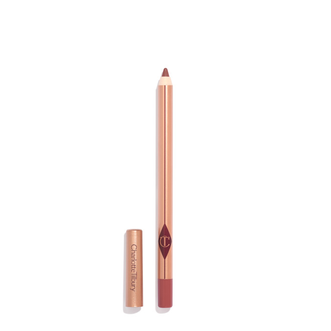 A standard-sized, nude-pink lip liner pencil with its lid removed, with a reflective, golden-coloured exterior. 