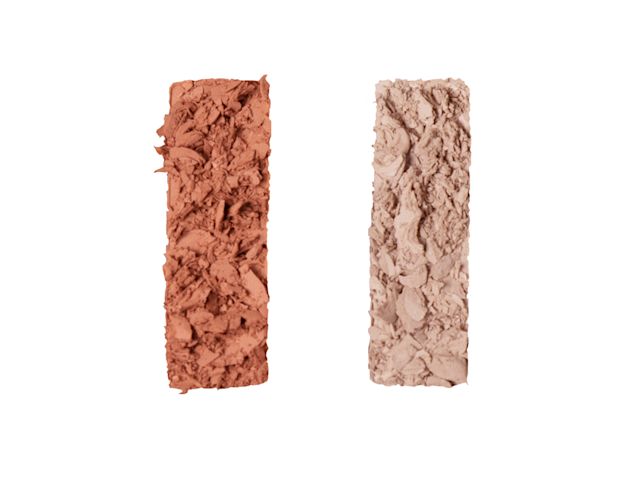 Swatches of two eyeshadows to enhance the eyes in reddish clay and grey-beige colours.