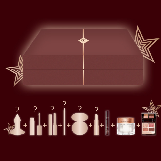 Banner with a brown-red-coloured gift box with illustrations of nine skincare and makeup mystery items that are included in it.