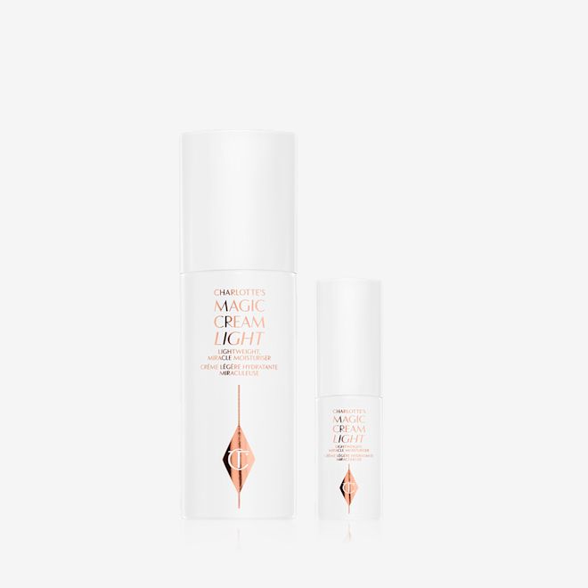 Magic Cream Light duo closed Light, pearly-white face creams in full-size and travel-size bottles.