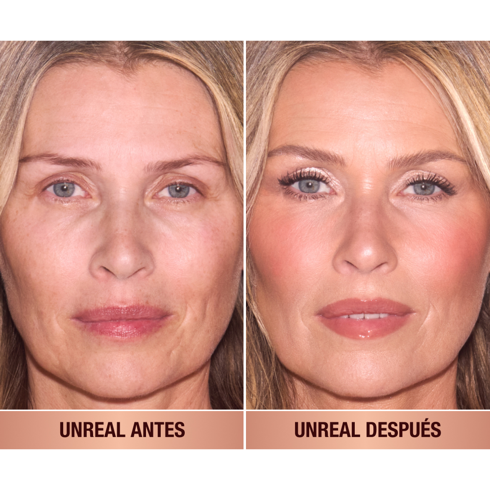 Modelo con y sin maquillaje mostrando el colorete. 