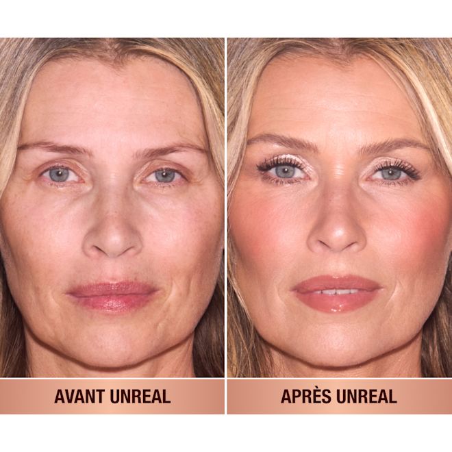 Avant et après d'Unreal Blush en Rosy Glow Mannequin avec et sans maquillage présentant le fard à joues.