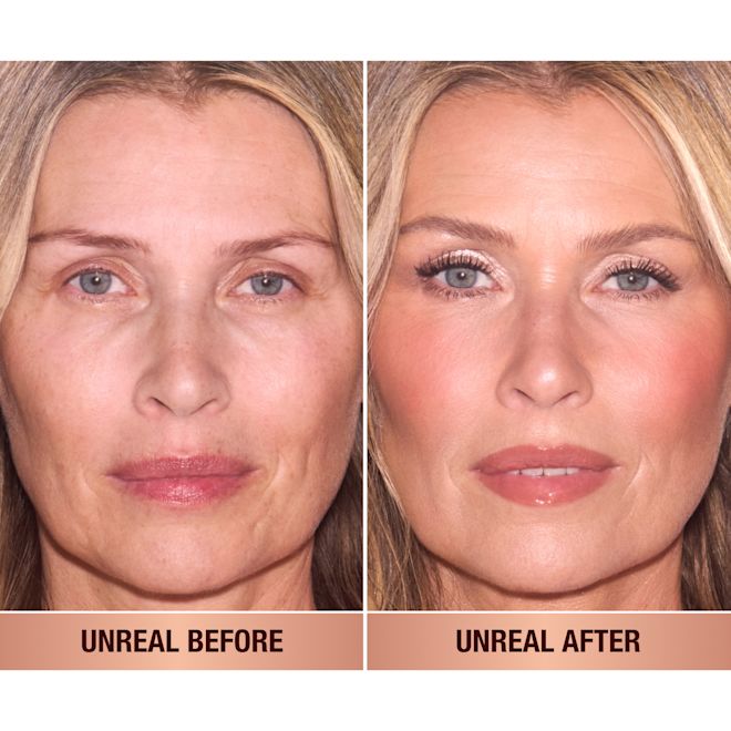 Unreal blush rosy glow before and after Model with and without make up showcasing blush.