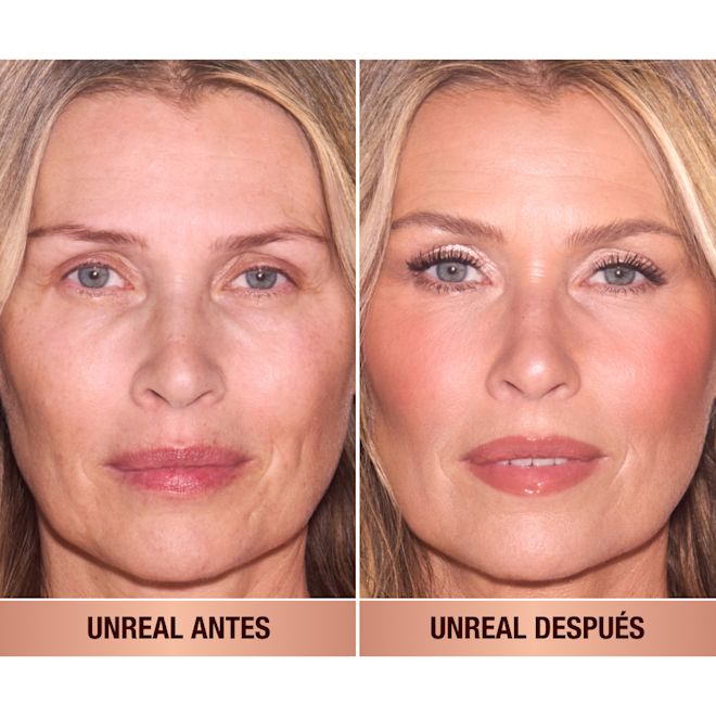 Unreal Blush Rosy Glow antes y después Modelo con y sin maquillaje mostrando el rubor.