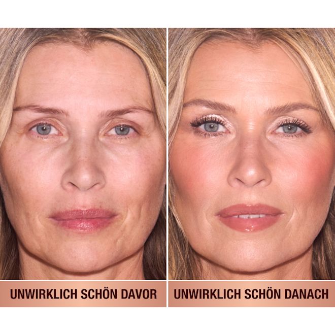 Unreal Blush Rosy Glow Vorher und Nachher Model mit und ohne Make-up, das Rouge präsentiert.