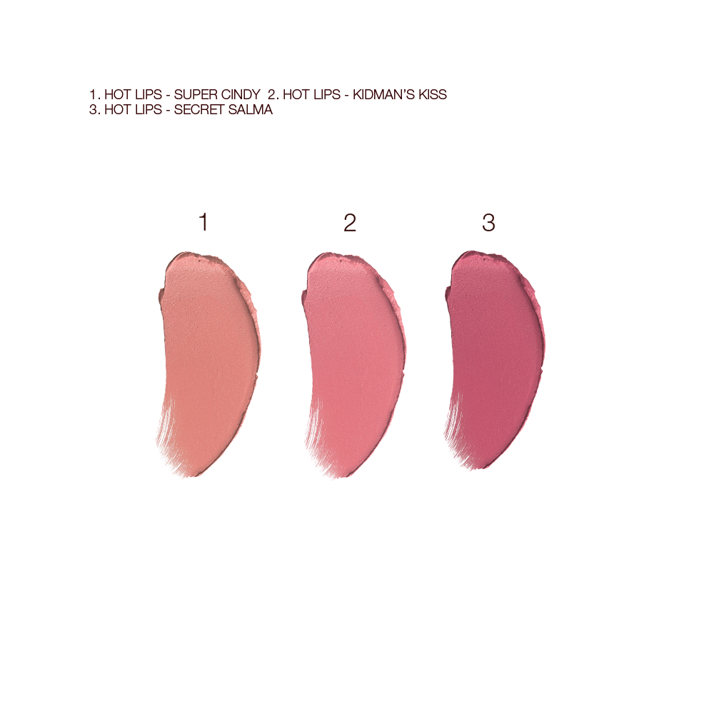 Swatches of three matte lipsticks in nude peach, tea rose, and purplish-pink colours.