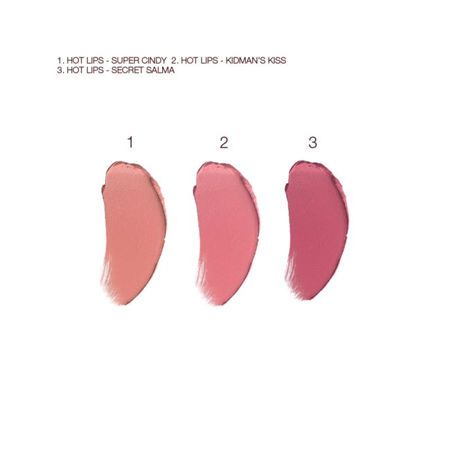 Hot Lips Trio nude swatches Swatches of three matte lipsticks in nude peach, tea rose, and purplish-pink colours.