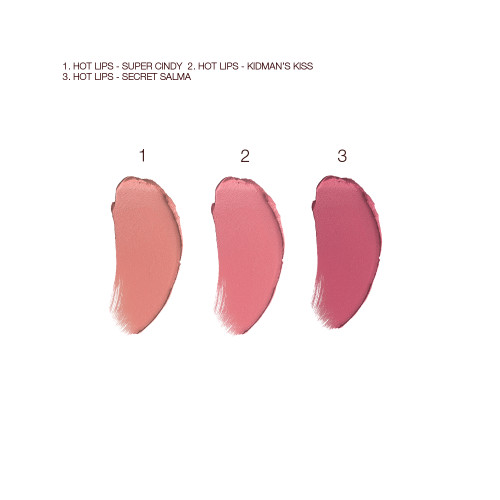 Swatches of three matte lipsticks in nude peach, tea rose, and purplish-pink colours.
