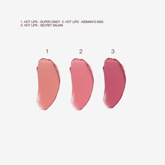 Hot Lips Trio nude swatches Swatches of three matte lipsticks in nude peach, tea rose, and purplish-pink colours.