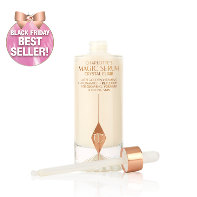 A luminous, ivory-coloured facial serum in a glass bottle with a white and gold-coloured dropper lid