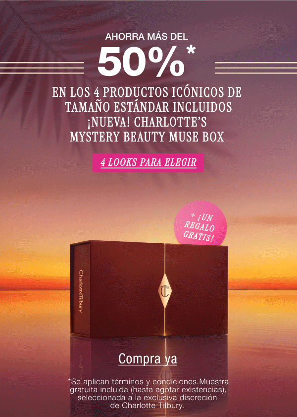 Ahorra más del 50%* en los productos icónicos de tamaño estándar incluidos ¡NUEVA! Charlotte’s Mystery Beauty Muse Box  ¡4 looks para elegir! + una muestra gratuita