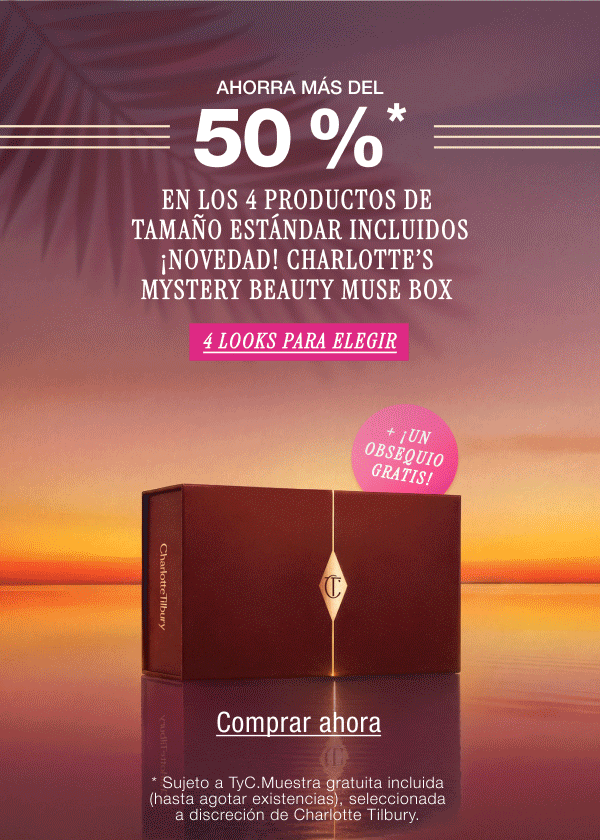 Ahorra más del 50 %* en los productos icónicos de tamaño estándar incluidos ¡NOVEDAD! Charlotte’s Mystery Beauty Muse Box  4 looks para elegir + muestra deluxe gratis