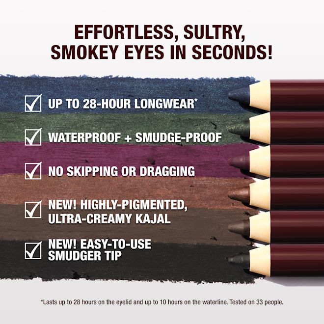EFFORTLESS, SULTRY, SMOKEY EYES IN SECONDS! Key traits of the new product. These include: UP TO 28-HOUR LONGWEAR*, WATERPROOF + SMUDGE-PROOF, NO, SKIPPING OR DRAGGING, NEW! HIGHLY-PIGMENTED, ULTRA-CREAMY KAJAL and NEW! EASY-TO-USE SMUDGER TIP