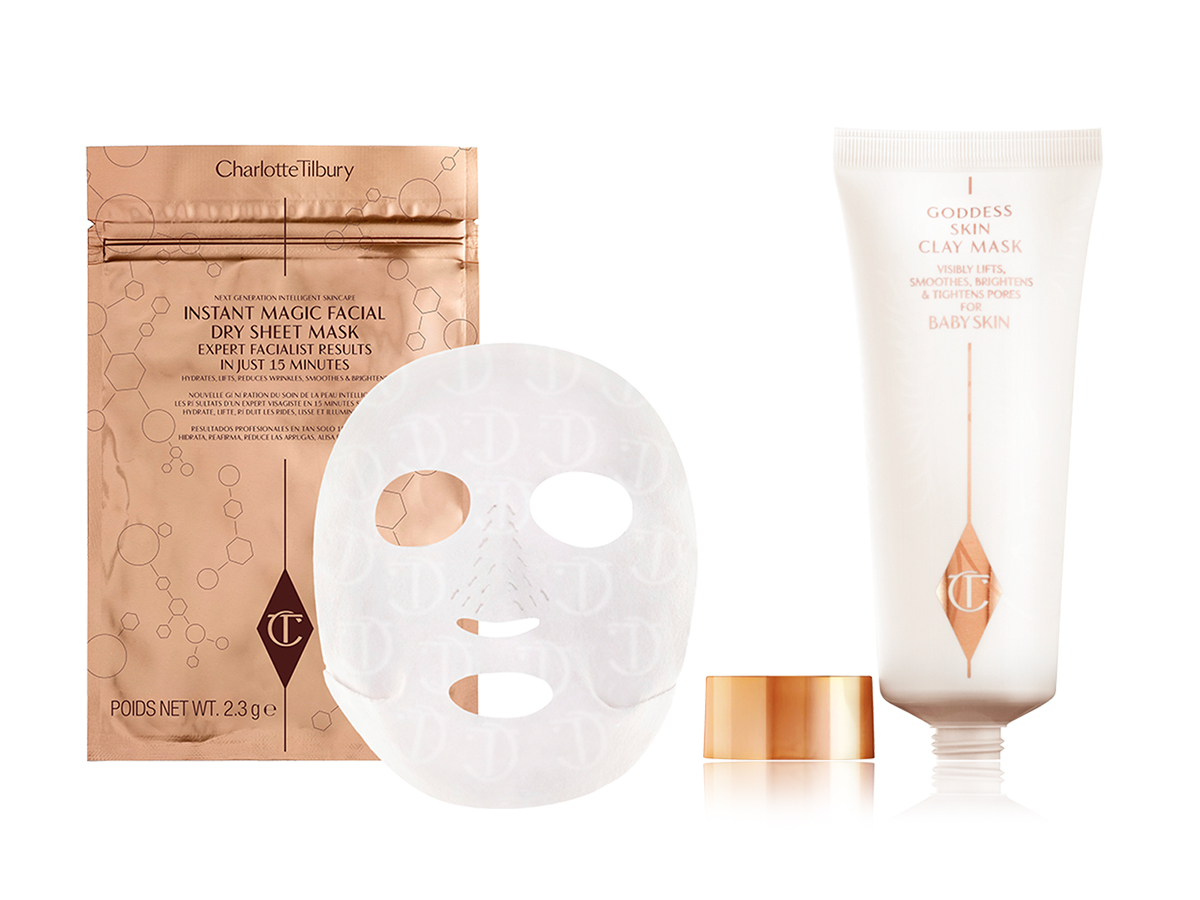 Les masques magiques pour le visage de Charlotte, notamment le masque sec Instant Magic Facial et le masque à l'argile Goddess Skin.