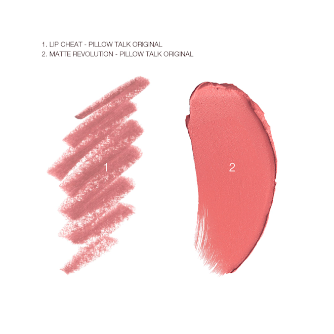 Travel Size Pillow Talk Original Kit swatches Swatches of a matte lipstick and lip liner pencil in a nude pink colour.