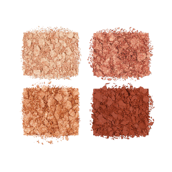 Four, crushed, shimmery eyeshadows in shades of copper, rust, champagne, and bronze. 