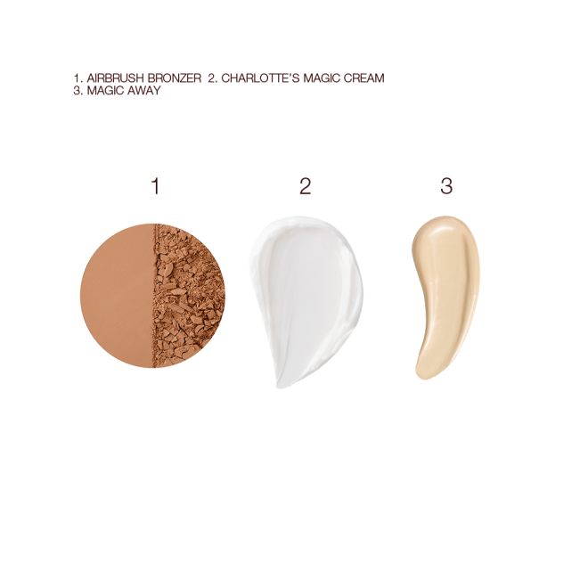 Swatches of a medium-brown powder bronzer, pearly-white face cream, and liquid concealer in a vanilla shade. 