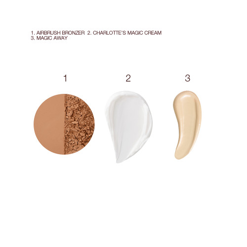 Swatches of a medium-brown powder bronzer, pearly-white face cream, and liquid concealer in a vanilla shade. 