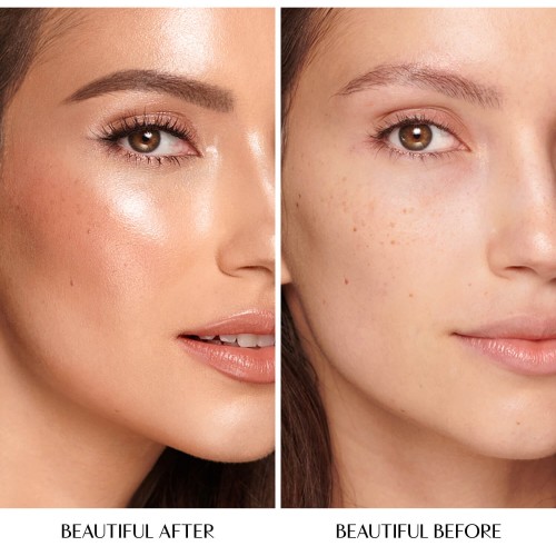 Disney100 x Charlotte Tilbury Beauty Light Wand in Spotlight before and after.