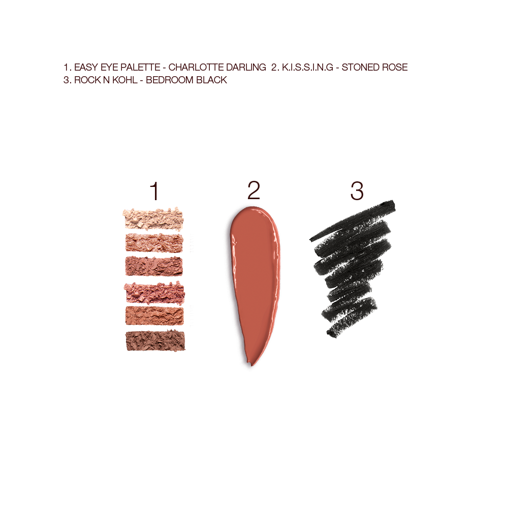 Swatches of six eyeshadows in shades of brown, golden, and beige, satin-finish lipstick in orange-brown, and kohl eyeliner in black.