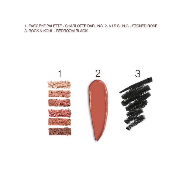 Swatches of six eyeshadows in shades of brown, golden, and beige, satin-finish lipstick in orange-brown, and kohl eyeliner in black.