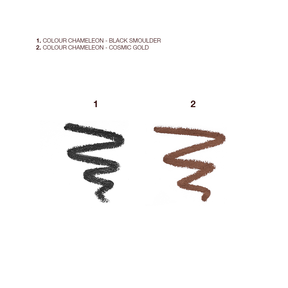 Swatches of two eyeshadow pencils in shimmery black and shimmery gold.