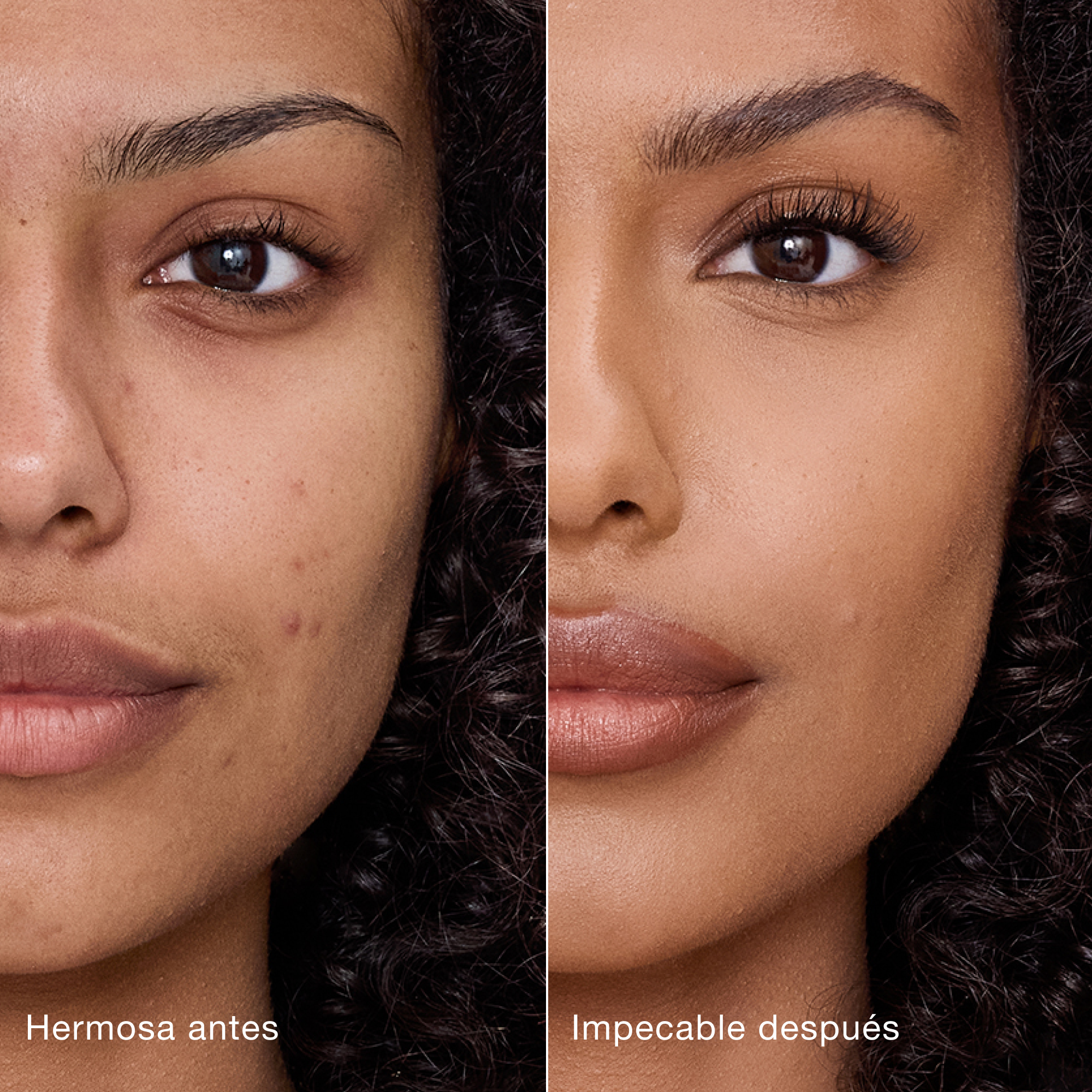 Comparación paralela que muestra la piel antes y después de aplicar el corrector Charlotte Tilbury Airbrush Flawless Concealer con las etiquetas de texto "Preciosa antes", "Impecable después".

