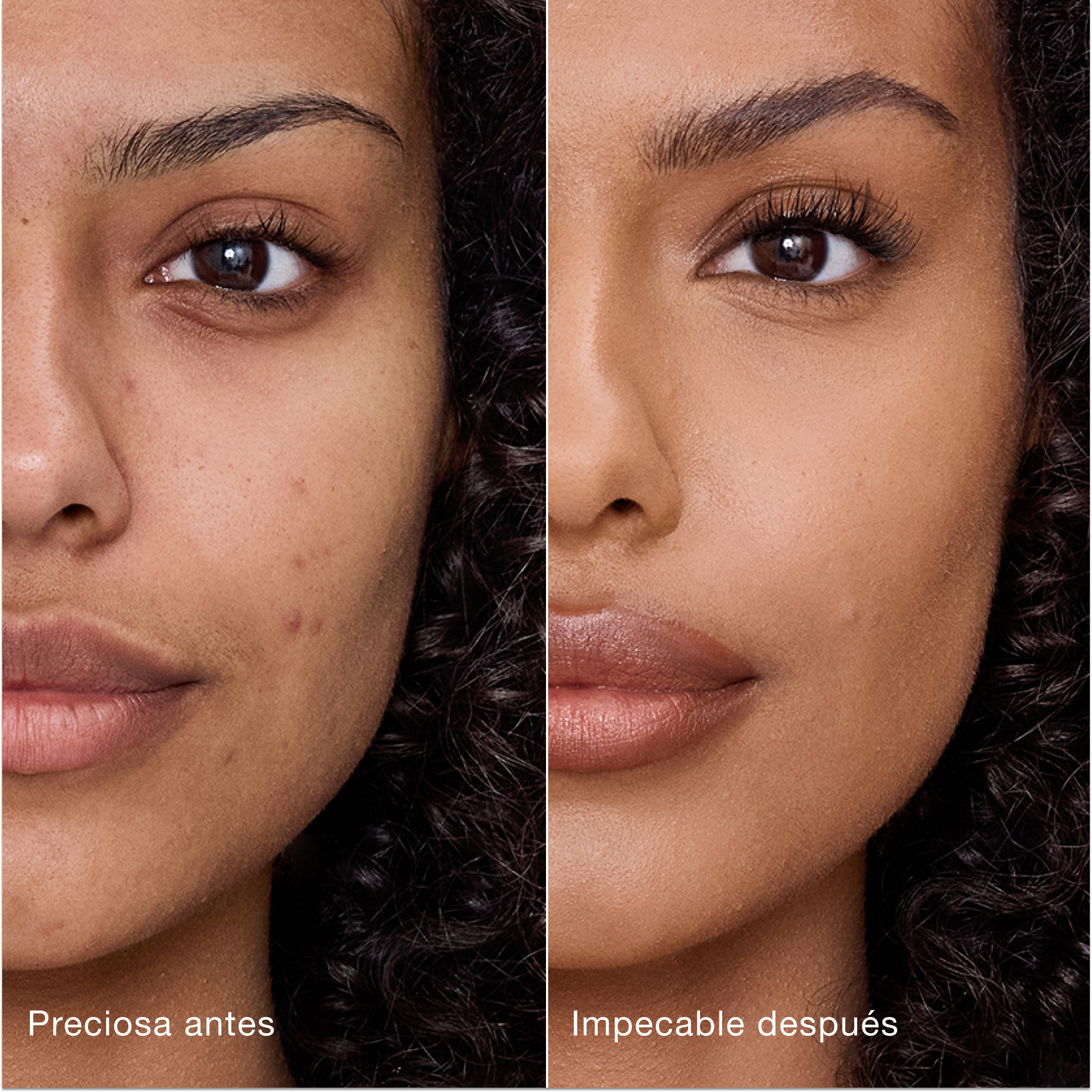 Comparación paralela que muestra la piel antes y después de aplicar el corrector Charlotte Tilbury Airbrush Flawless Concealer con las etiquetas de texto «Preciosa antes» y «Perfecta después».
