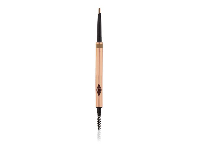 An open, double-ended eyebrow pencil and eyebrow brush in a taupe shade with gold-coloured packaging.