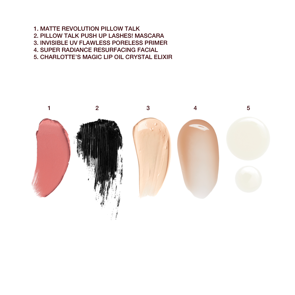 Swatches of a glowy primer, lip oil, black mascara and nude pink matte lipstick.