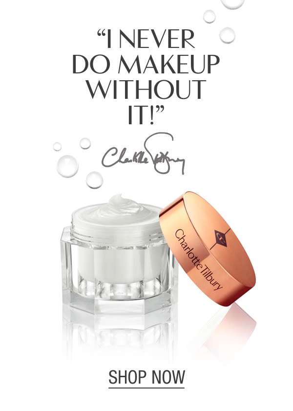 Closed, pearly-white face cream in a glass jar with a gold-coloured lid with text on the banner that reads, 'I never do makeup without it! Shop now' 