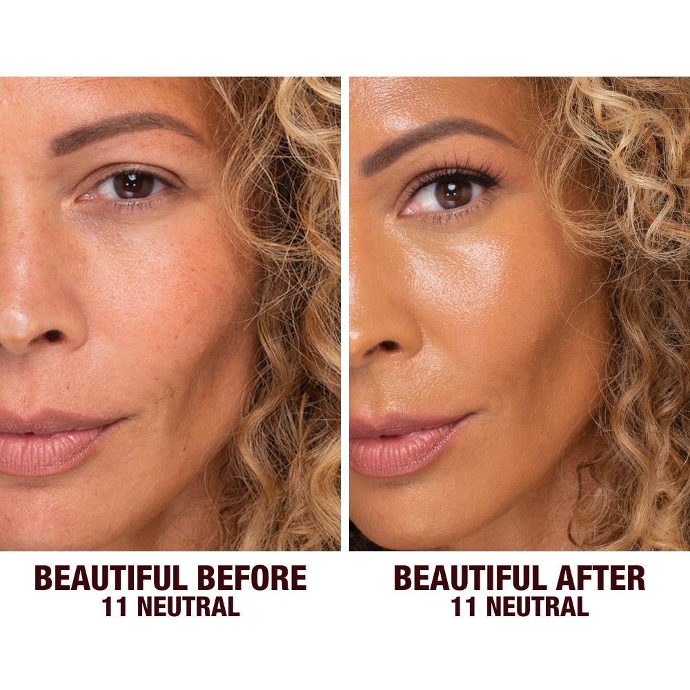 Before and after shots of a deep-tone model without any makeup and then wearing glowy, flawless skin, wearing skin-like foundation that adds a youthful glow and looks natural along with nude pink lipstick and subtle everyday eye makeup.