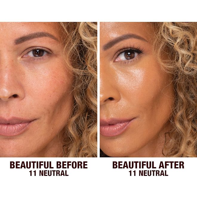 Beautiful Skin Foundation in 11N on dark-tone model before and after Before and after shots of a deep-tone model without any makeup and then wearing glowy, flawless skin, wearing skin-like foundation that adds a youthful glow and looks natural along with nude pink lipstick and subtle everyday eye makeup.