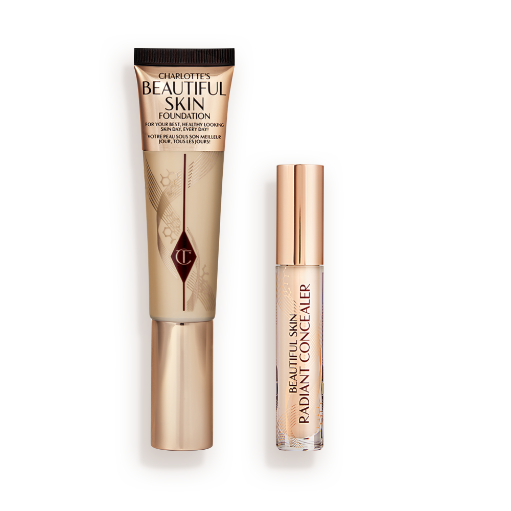 Foundation in a sleek gold-coloured tube with a concealer in a glass tube and gold-coloured lid.