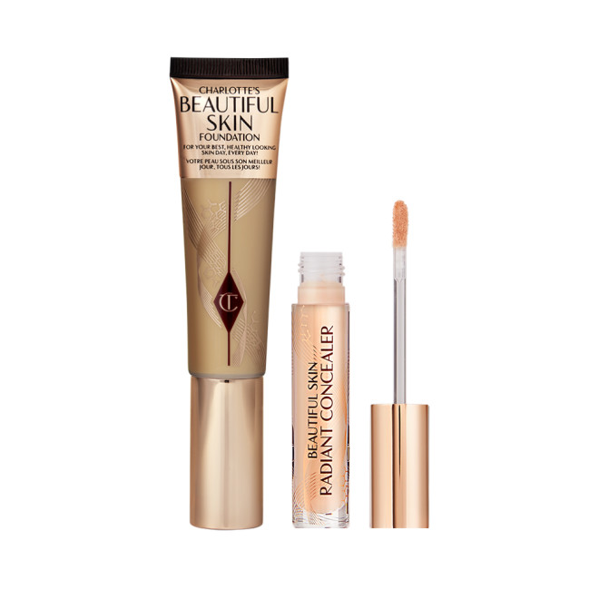 Foundation in a sleek gold-coloured tube with a concealer in a glass tube and gold-coloured lid.