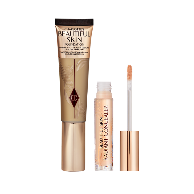 Foundation in a sleek gold-coloured tube with a concealer in a glass tube and gold-coloured lid.